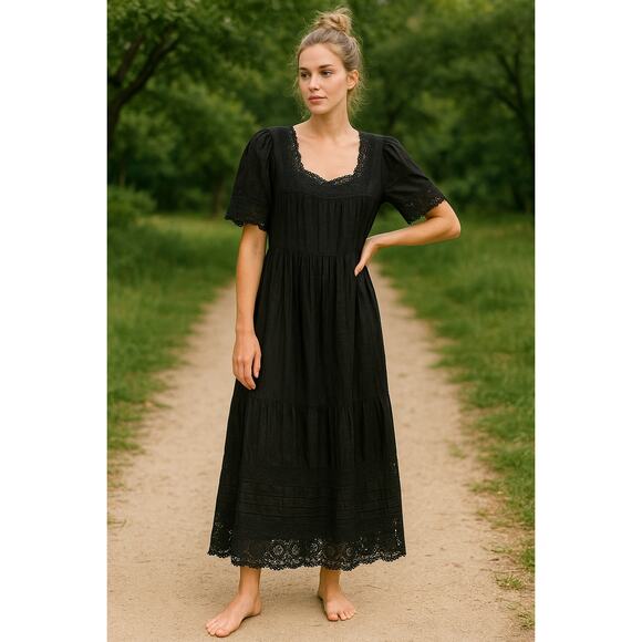 MSRP $139 👗NWT See You Soon Linen-Blend Crochet Maxi Dress – Size M | Black 👗 - Picture 1 of 7